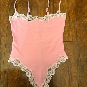 SKIMS Pink Chemise with White Lace Trim